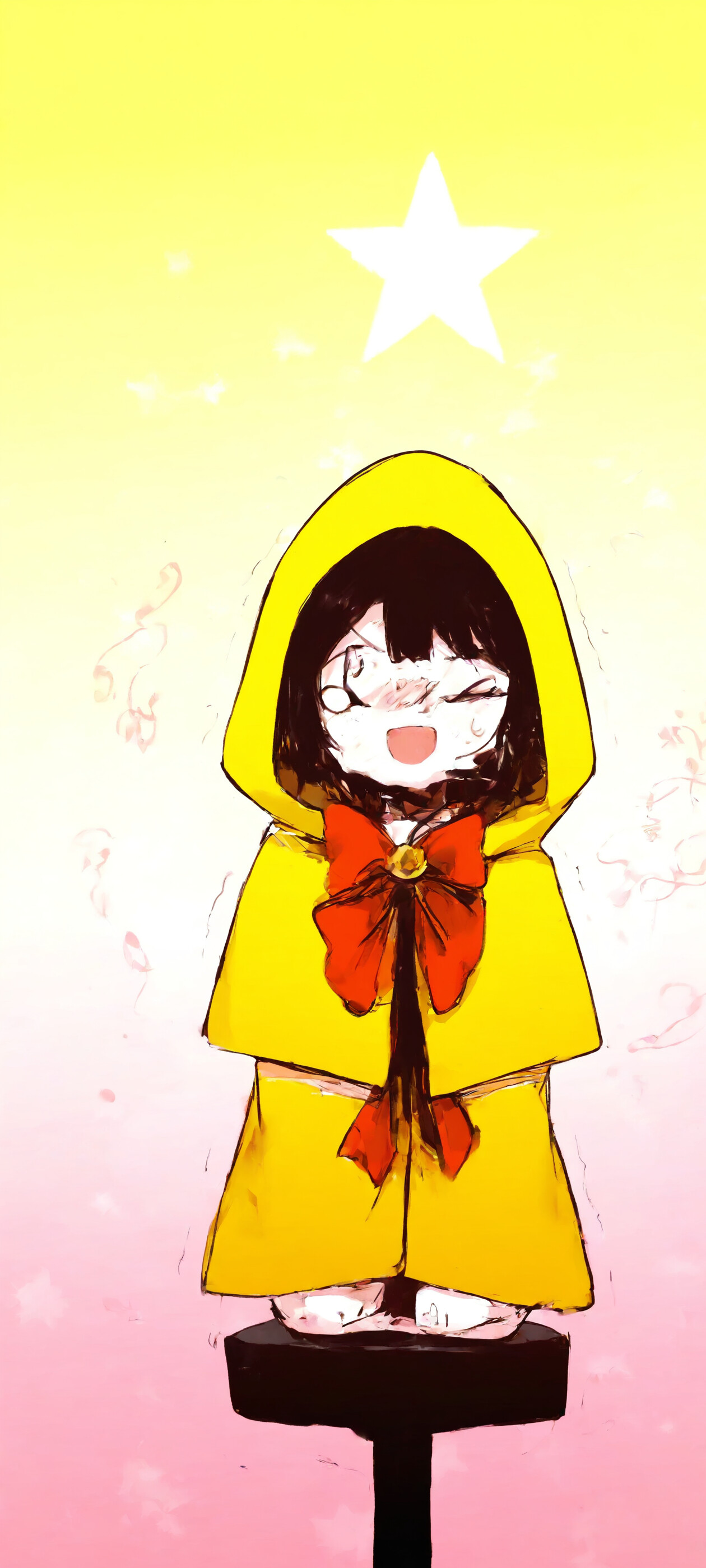 An anime girl with a yellow hooded capelet and red bowtie sitting nervously on a stool with a microphone stand, featuring musical and star motifs.