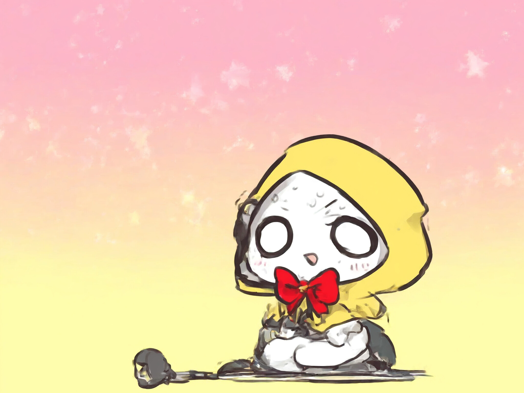 An anime girl with a yellow hooded capelet and red bowtie sitting nervously on a stool with a microphone stand, featuring musical and star motifs.