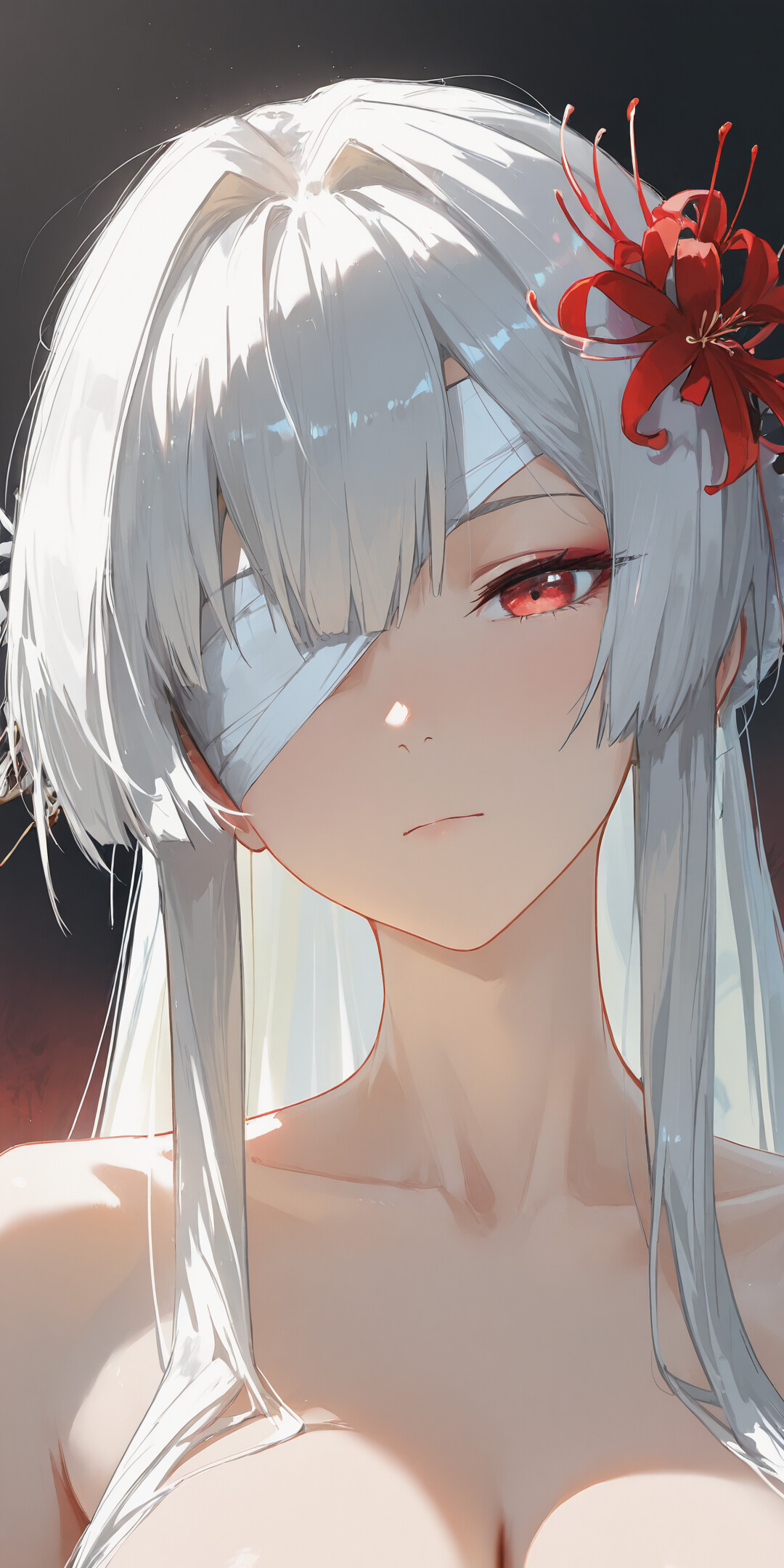 A stunning portrait of Phrolova from Wuthering Waves with long white hair, red eyes, and spider lilies against a black background.