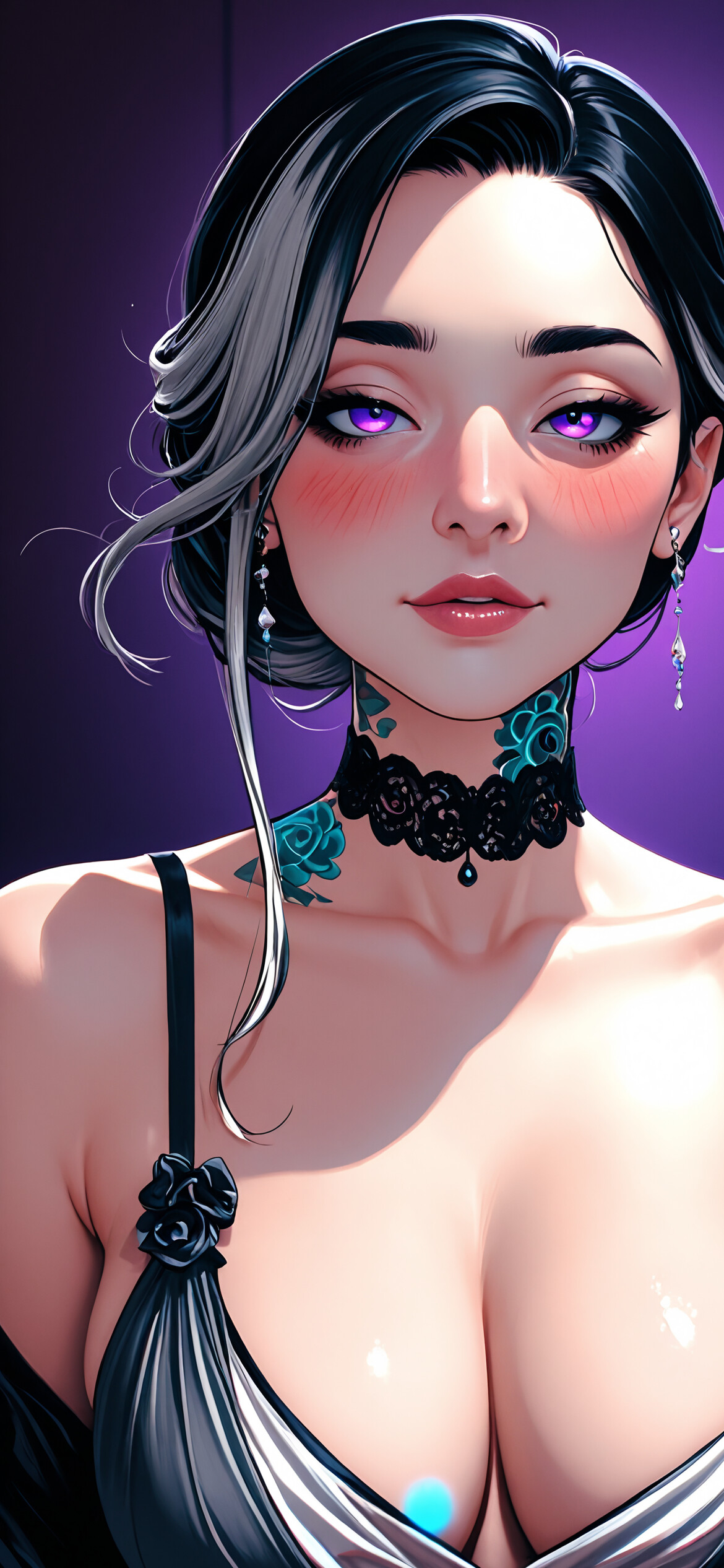 A beautiful woman with black and silver hair, purple eyes, and a pink rose tattoo on her neck, wearing a black choker and black lingerie against a purple background.