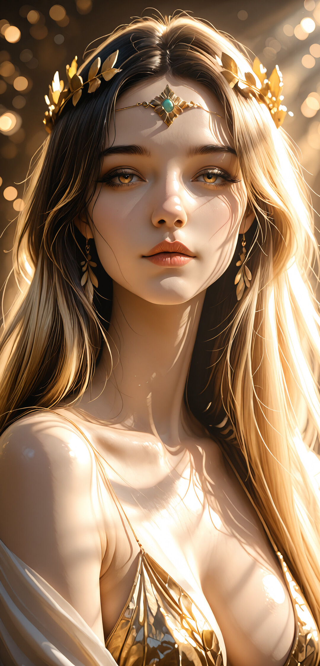 A profile portrait of a beautiful young woman with long blonde hair, looking up and to the side. She wears a golden leaf hair clip and a small gold jewel on her forehead, against a background of warm bokeh lights.