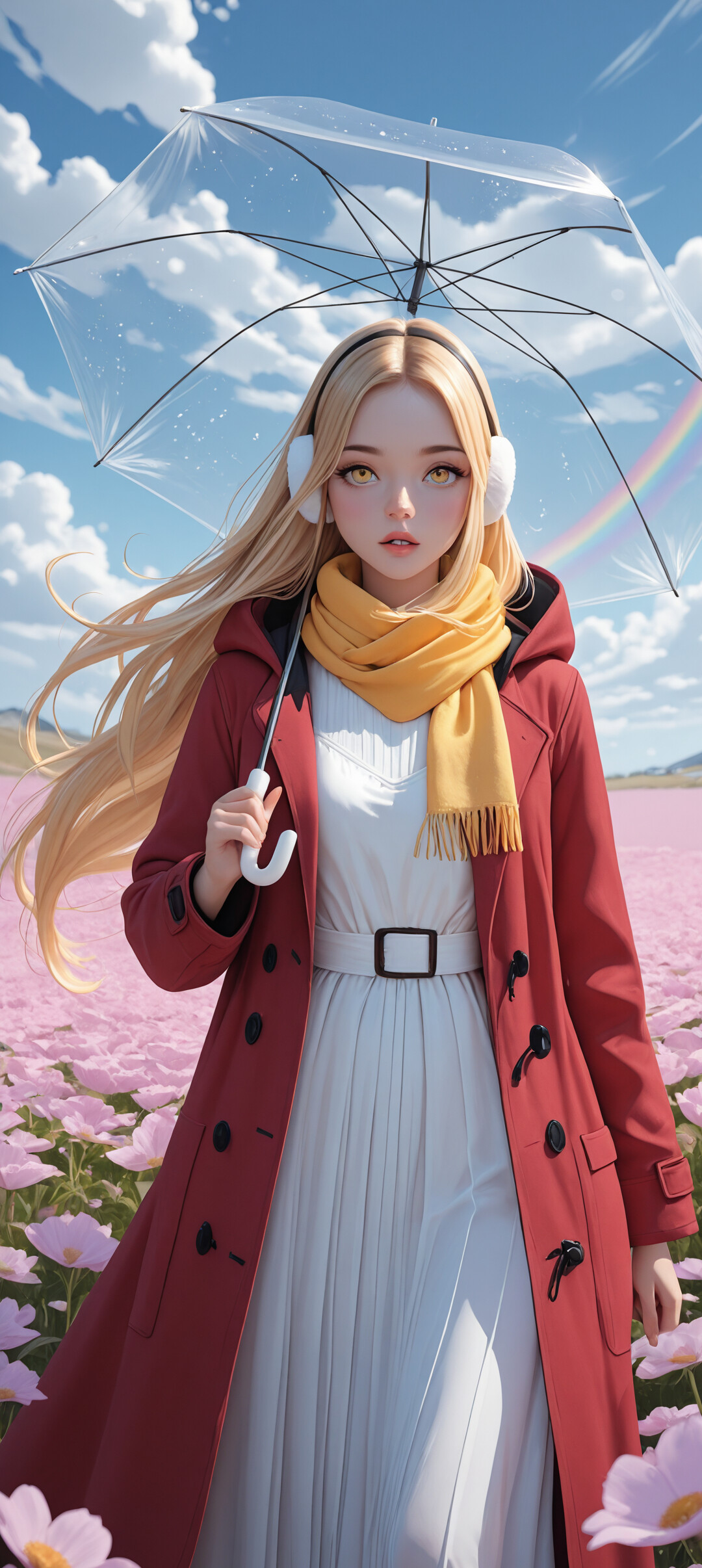 An anime-style illustration of a blonde girl in a red coat and yellow scarf, holding a clear umbrella in a field of pink flowers under a blue sky with a rainbow.