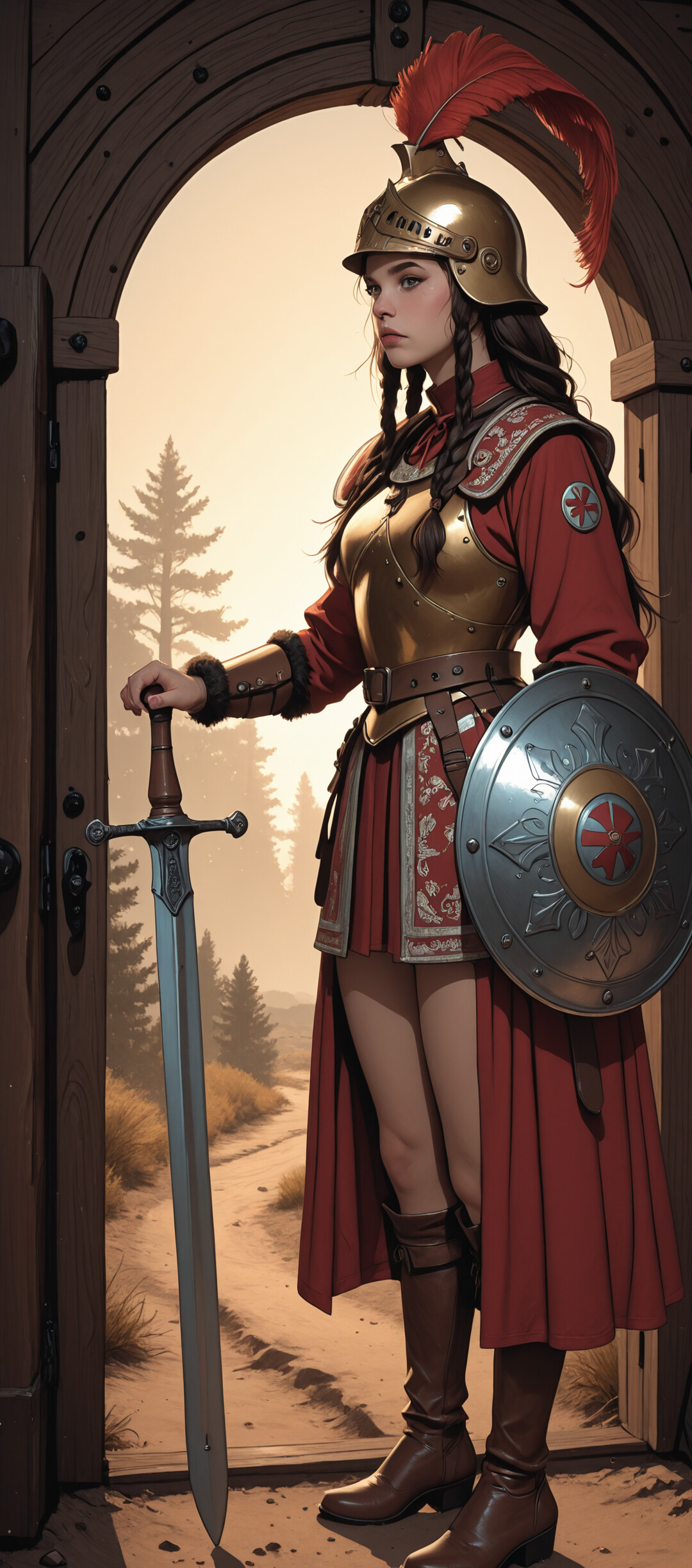A female warrior in golden armor and a red tunic stands in the arched gateway of a wooden building. She wears a helmet with a red plume, has long dark hair, and holds a round wooden shield, looking out towards a sunlit path and forest.