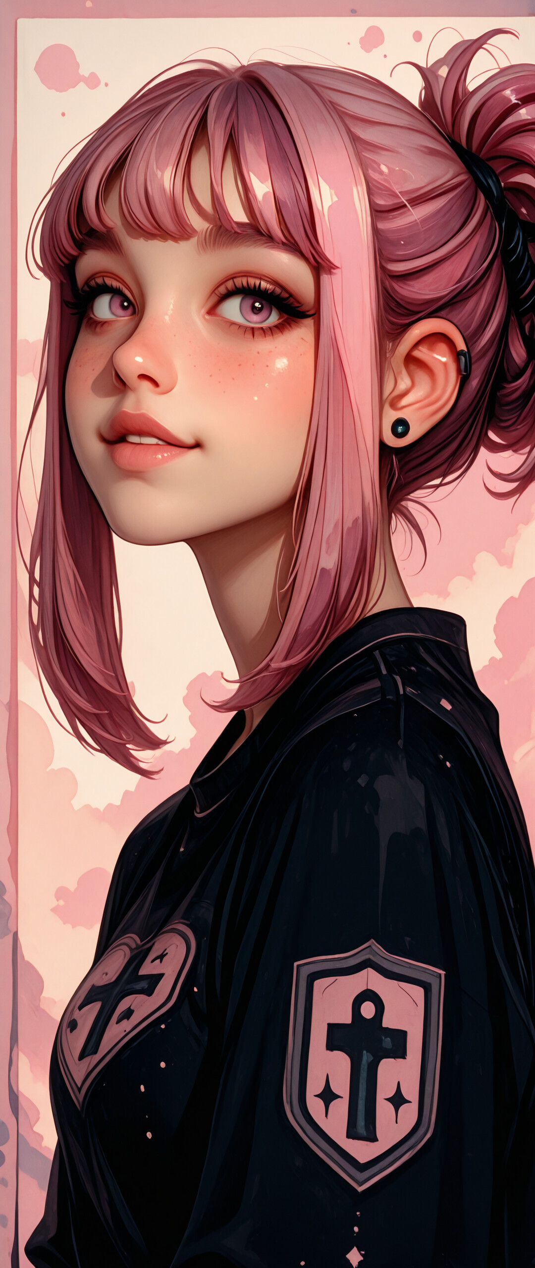 A digital portrait of a young woman with short, messy pink hair, bangs, and pink eyes. She has freckles, ear piercings, and is looking over her shoulder while wearing a black starry jacket.