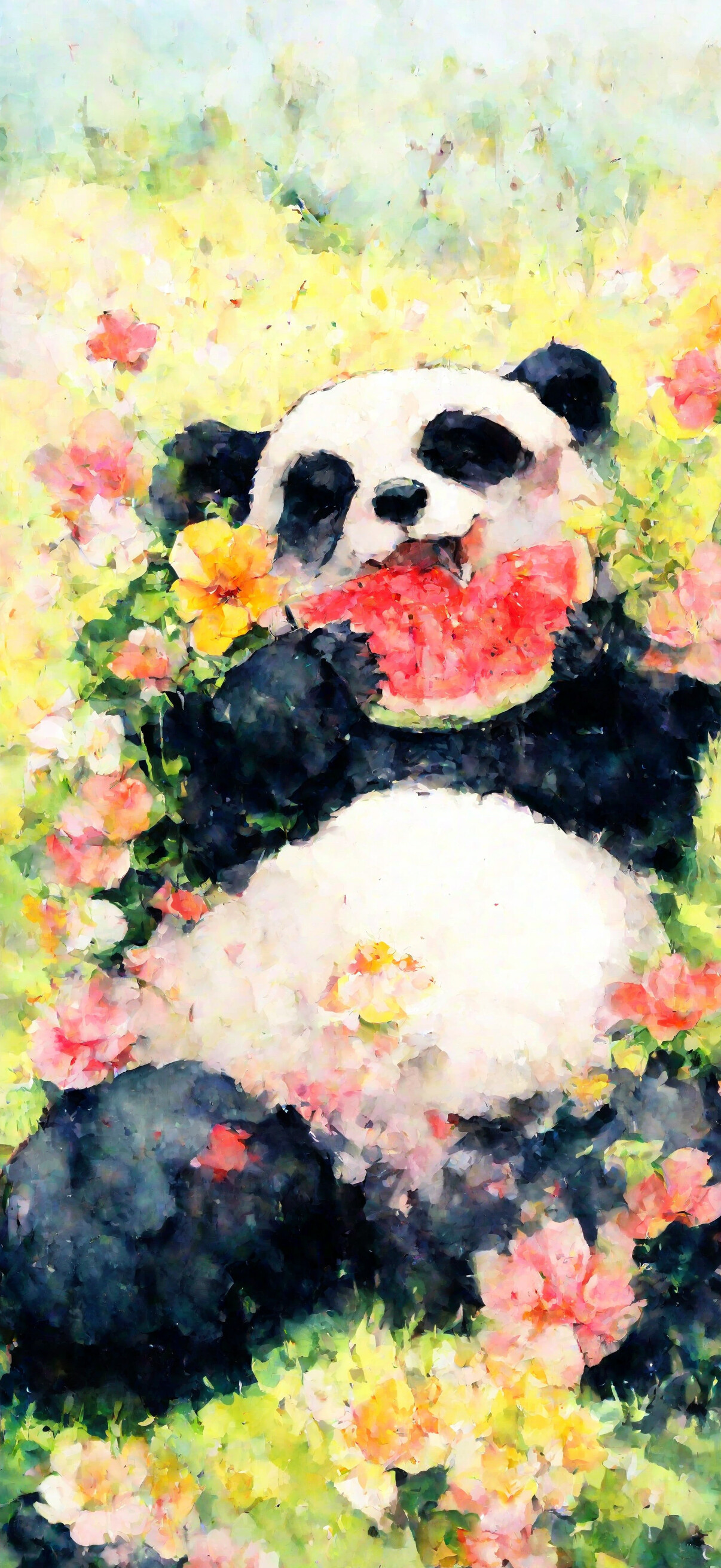 A watercolor illustration of a cute panda lying on green grass, eating a slice of watermelon amidst colorful wildflowers.