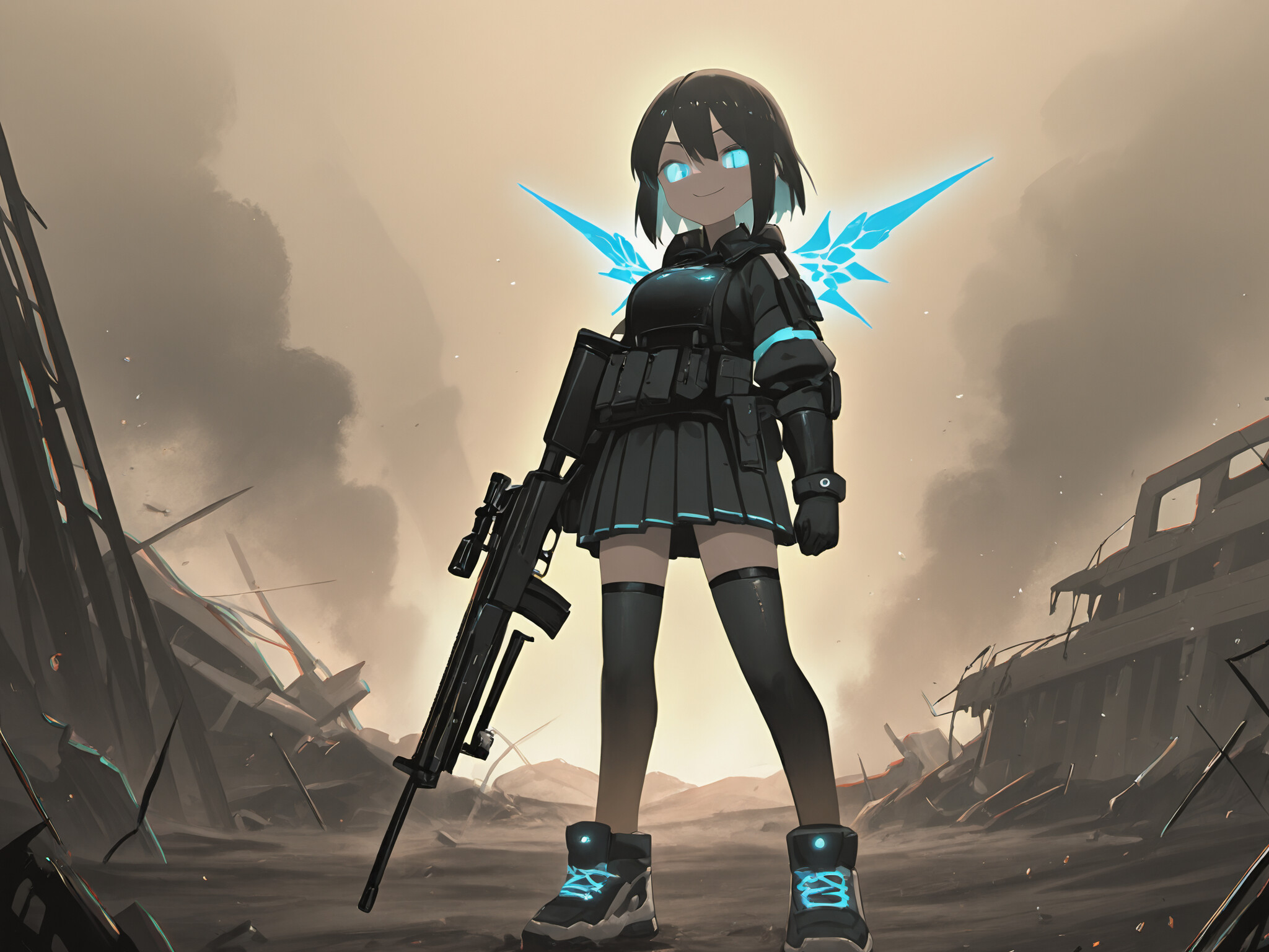 A girl in gothic tactical gear with glowing bone wings, holding a sniper rifle in a smoky, ruined battlefield, monochrome with gold accents.