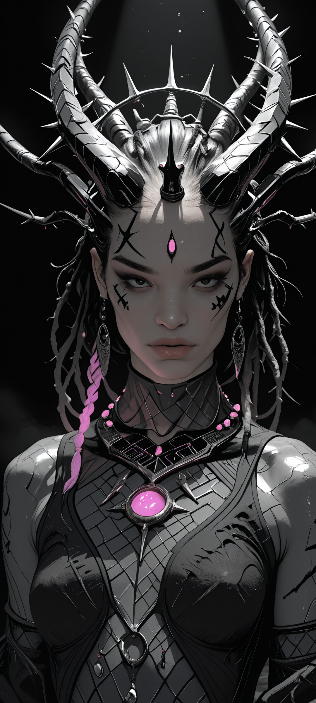 A detailed digital portrait of a beautiful fantasy woman with large black horns, a thorny crown, and elaborate dreadlocks. She wears a glossy black bodysuit with tribal markings on her face, a grey scaled vest, and a large red gem necklace, all against a black background.