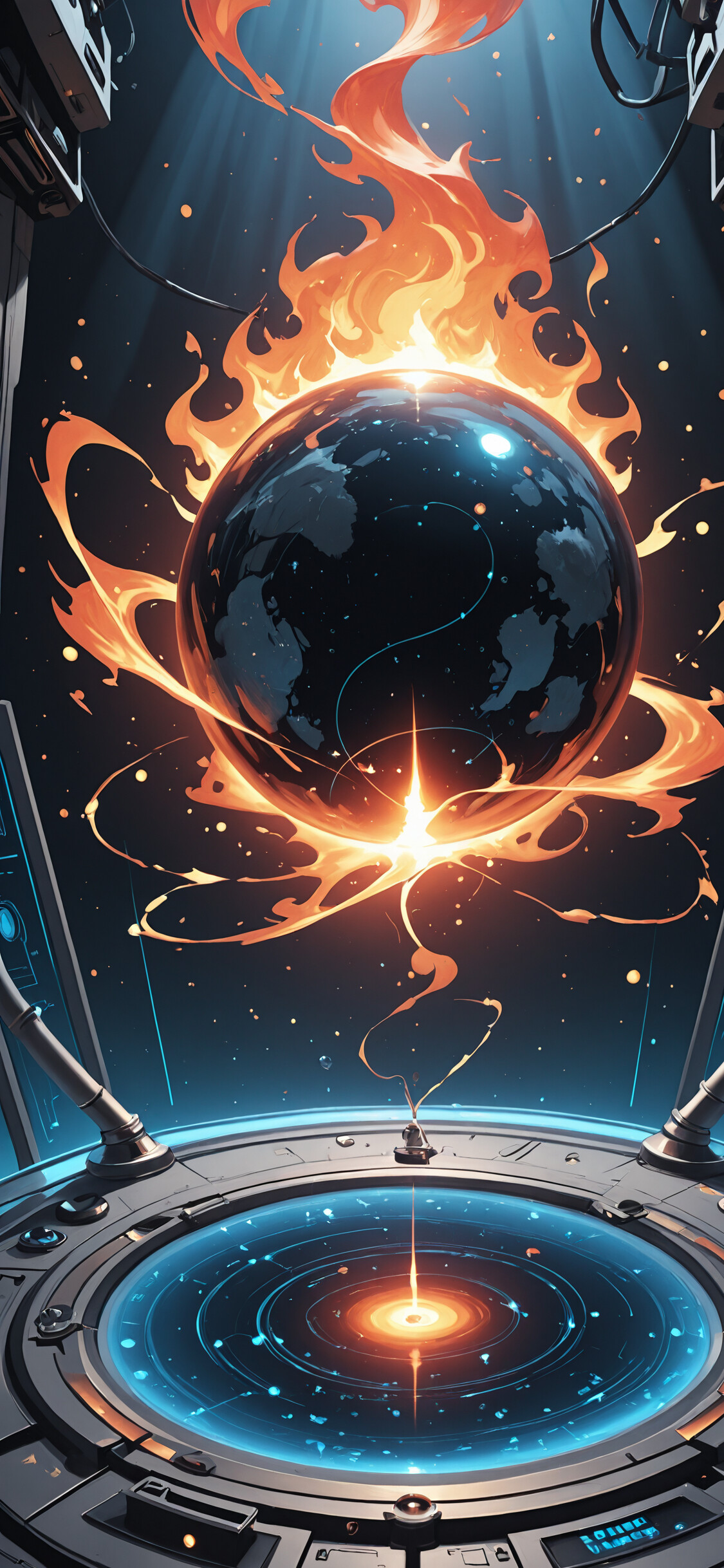A digital illustration of a woman with orange, flame-like hair in a black bodysuit levitating inside a large glass sphere in a futuristic lab. She holds a fireball in each hand.