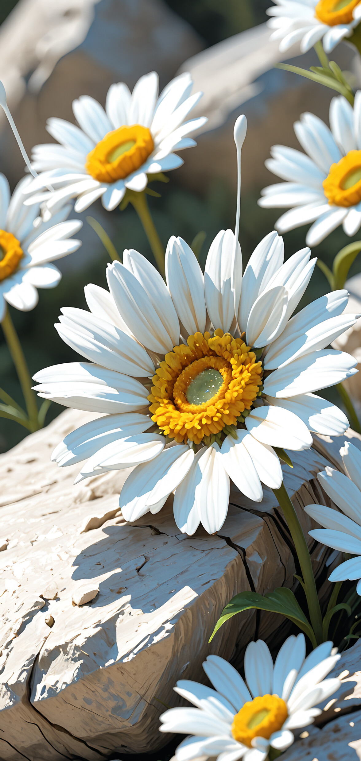 A surreal digital illustration of a white daisy with a yellow center that has two long, black-tipped butterfly antennae, growing among large, sunlit rocks.