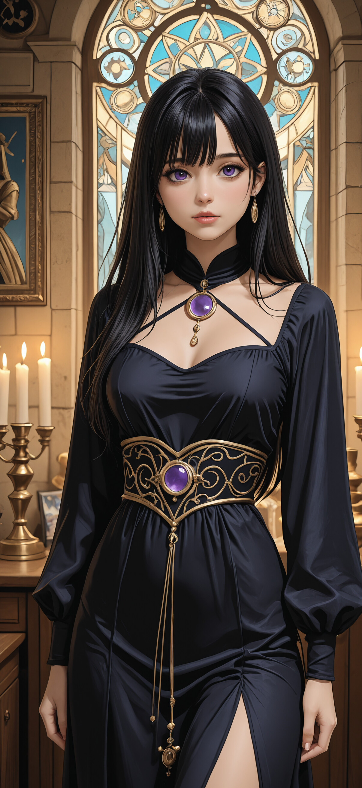 A beautiful fantasy woman with long black hair and violet eyes wearing an elegant dark purple gown, standing in a dimly lit, ornate room with candles and a large golden symbol in the background.