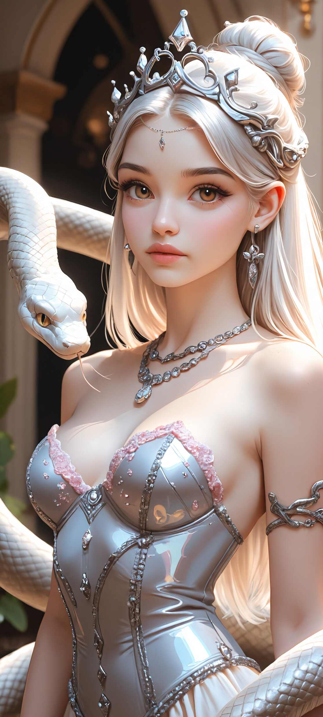 A fantasy portrait of a beautiful young woman with platinum blonde hair, wearing a golden tiara and a silver corset, with a large, two-headed white snake coiled around her shoulders.