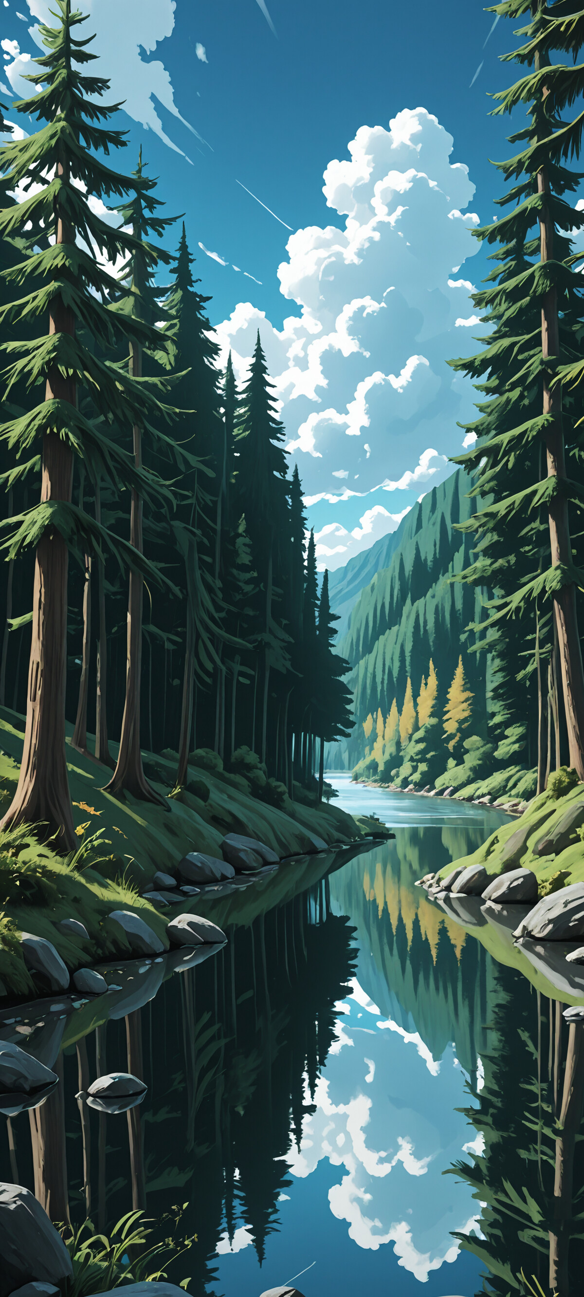 A vertical illustration of a tranquil river flowing through a dense forest of tall pine trees, with the blue sky and white clouds perfectly reflected in the still water.