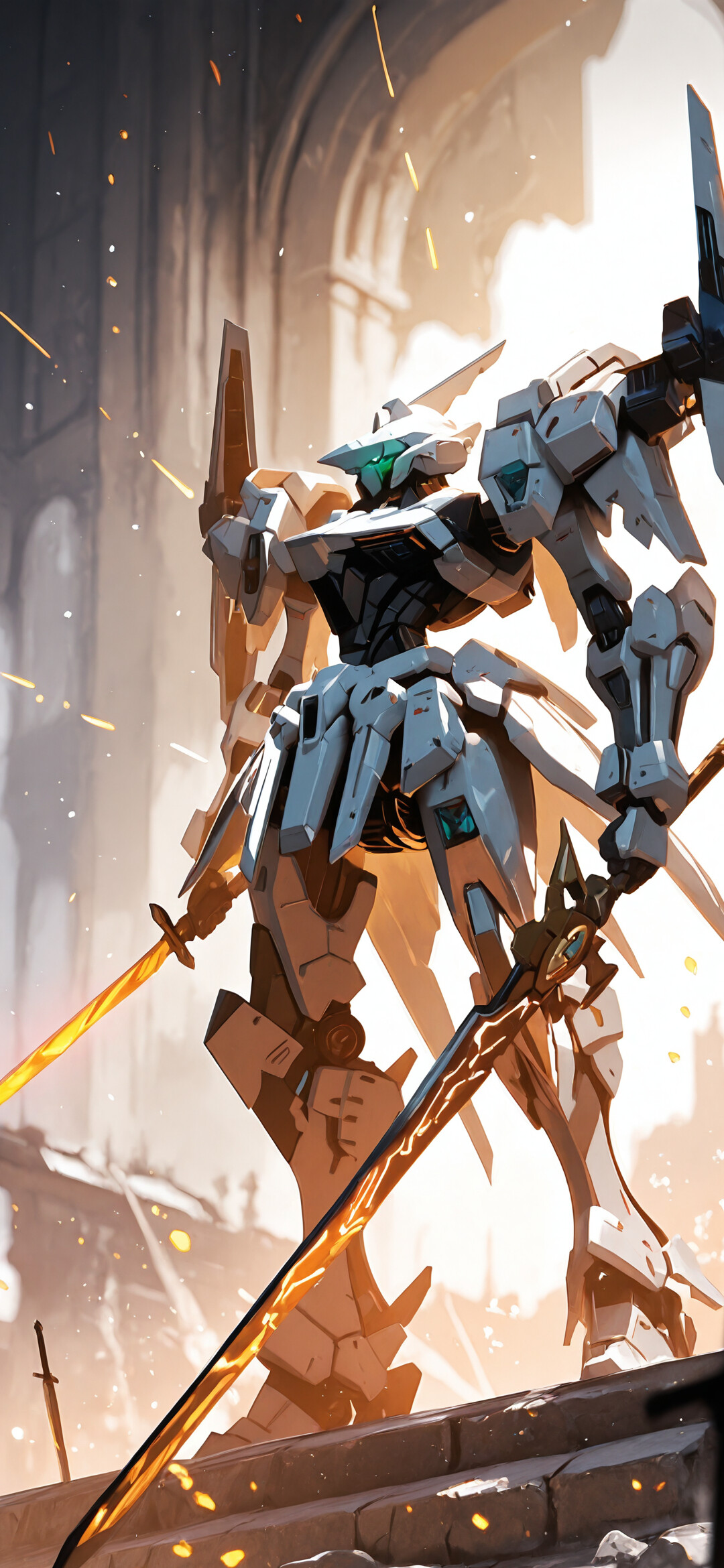 A full-body, low-angle shot of a powerful white and grey mecha with angelic wings, standing on a desolate battlefield littered with swords. The robot holds a long, futuristic sword with a glowing purple blade, and the sky is a dusky orange with light particles floating around.