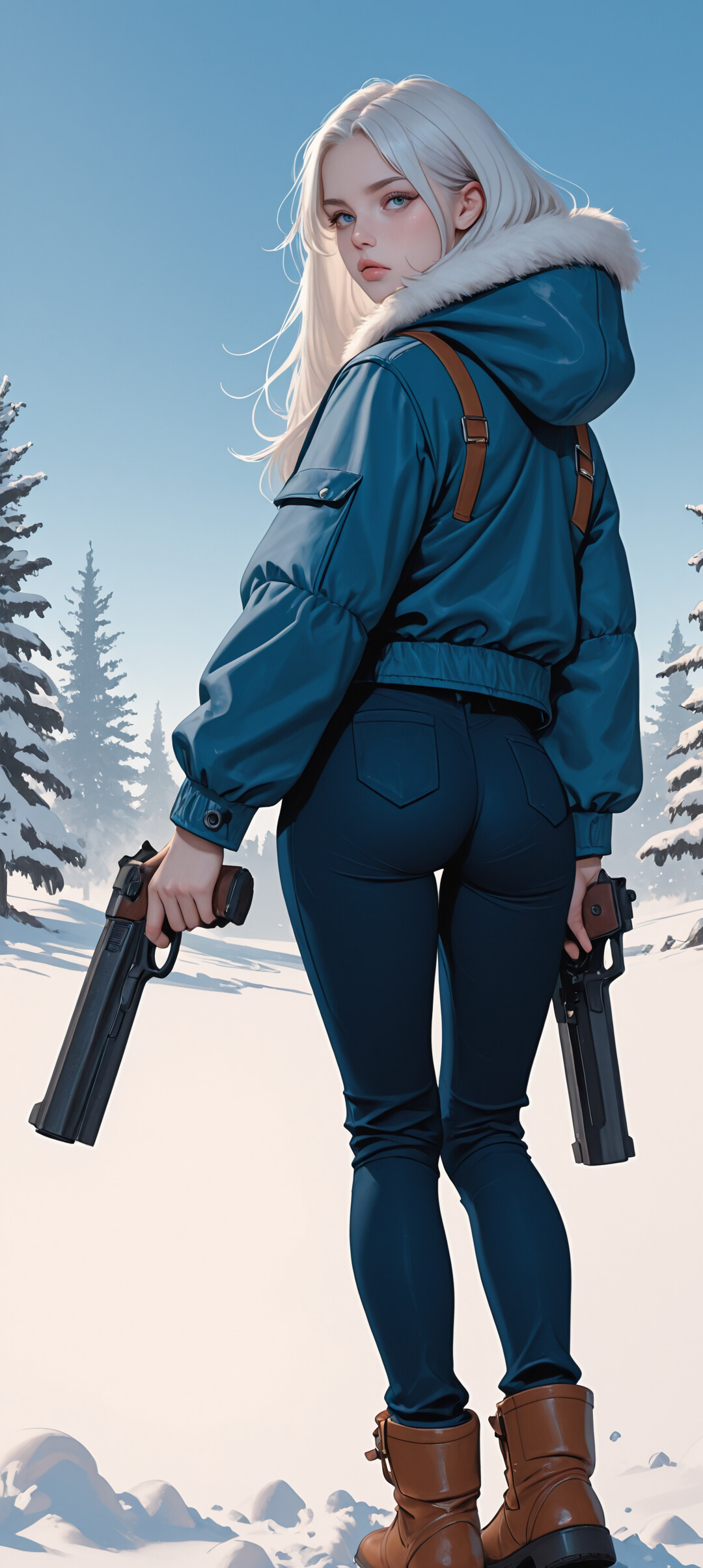 An anime-style illustration of a woman with long white hair standing in a snowy forest. She is viewed from behind, turning to look at the camera, and is holding a large pistol in each hand. She wears a blue winter jacket, blue pants, and brown boots.