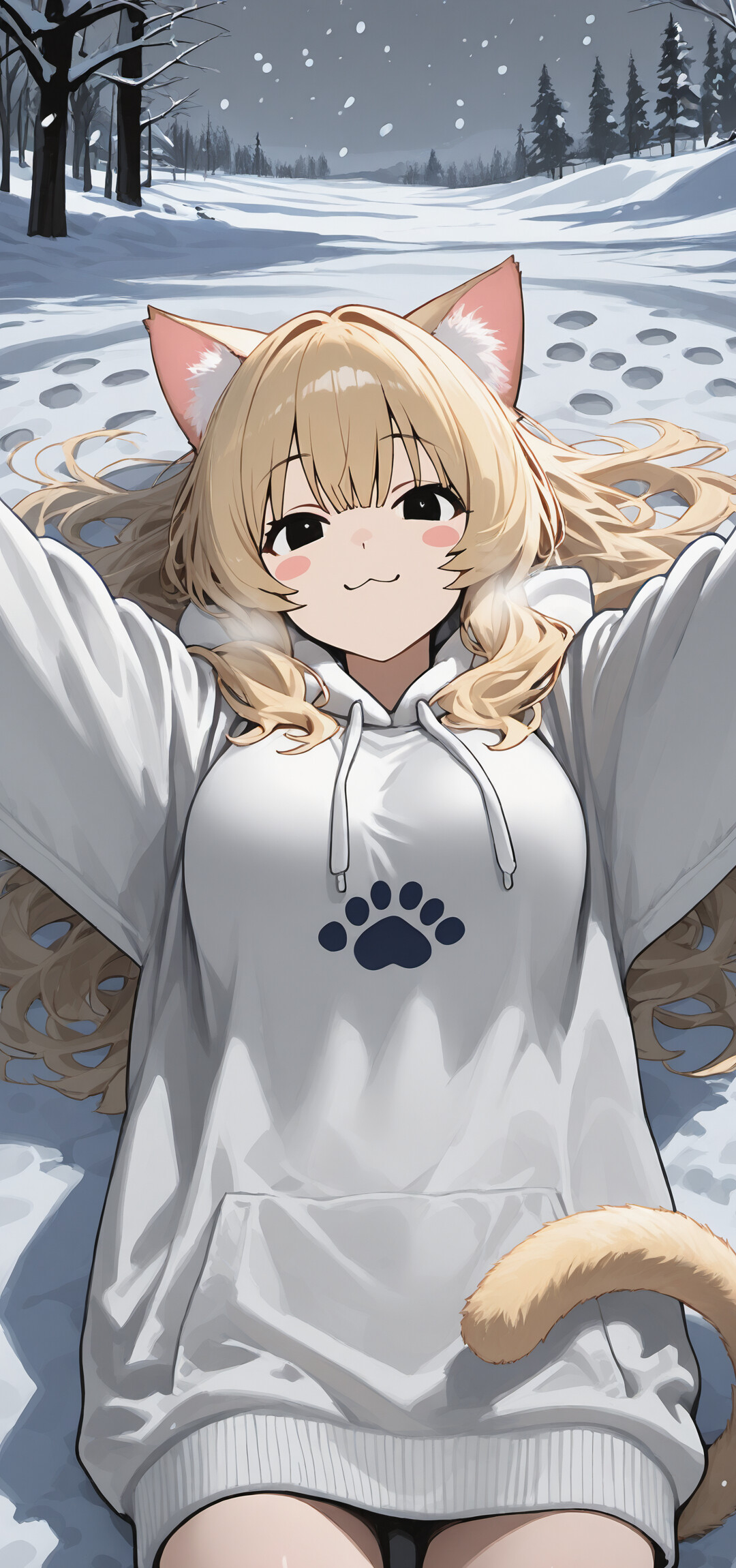 A blonde cat girl with cat ears and a white hoodie lying on her back in the falling snow, smiling with arms spread wide.
